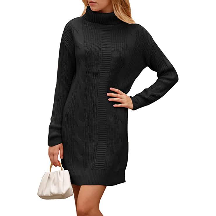 Turtleneck Pullover Sweaters Casual Long Sleeve Plain Winter Knit Sweater Dress DailySale