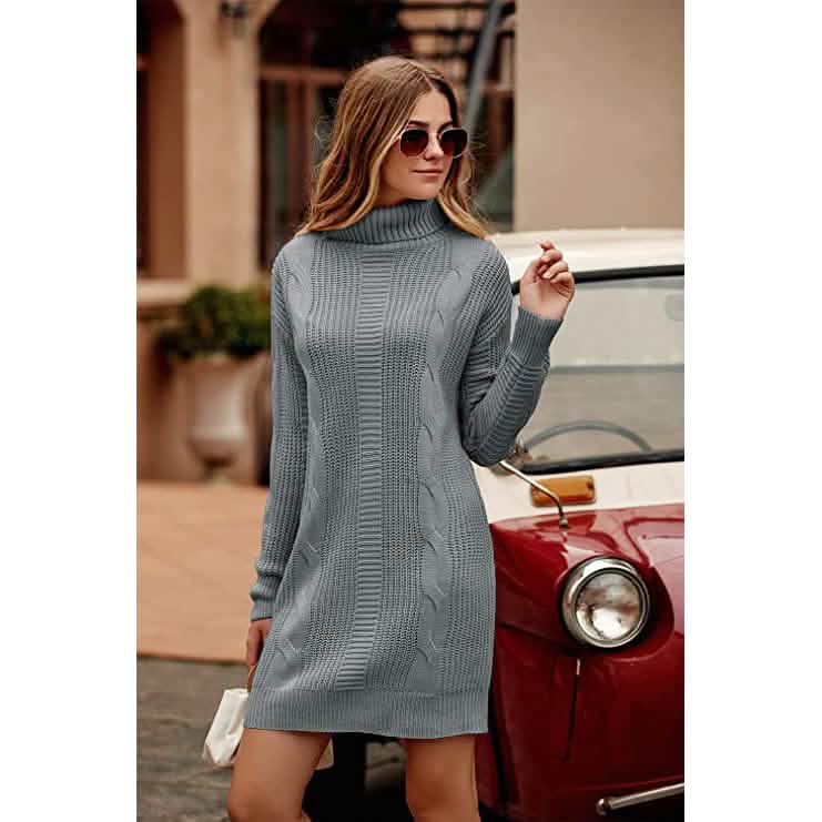 Turtleneck Pullover Sweaters Casual Long Sleeve Plain Winter Knit Sweater Dress DailySale