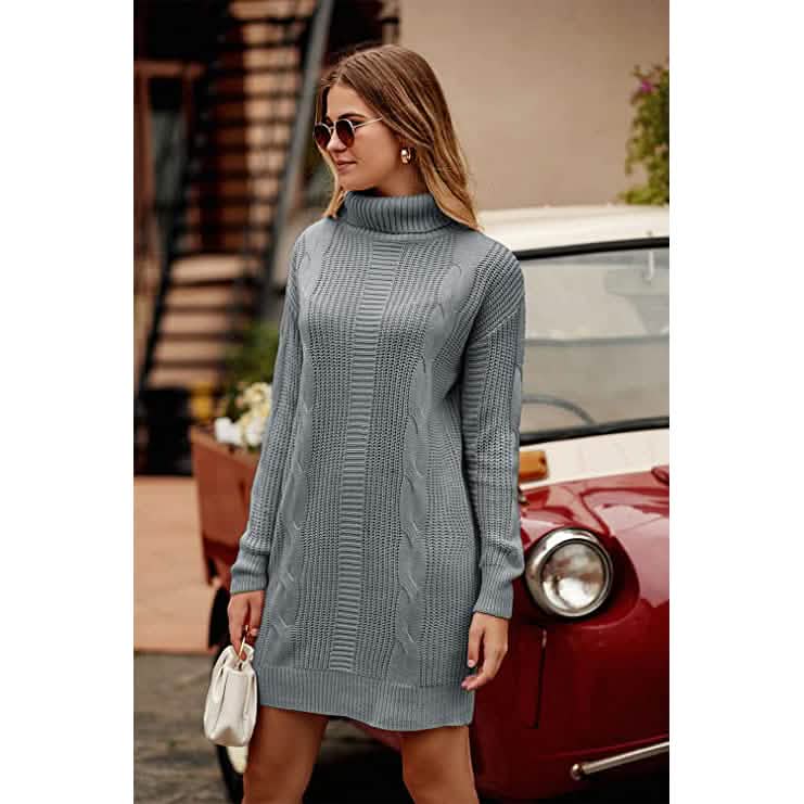 Turtleneck Pullover Sweaters Casual Long Sleeve Plain Winter Knit Sweater Dress DailySale