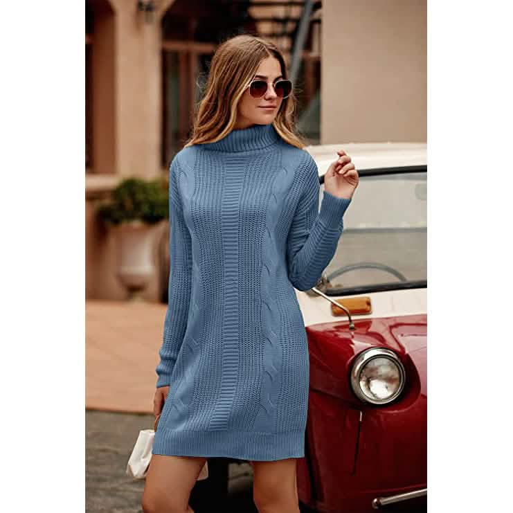 Turtleneck Pullover Sweaters Casual Long Sleeve Plain Winter Knit Sweater Dress DailySale