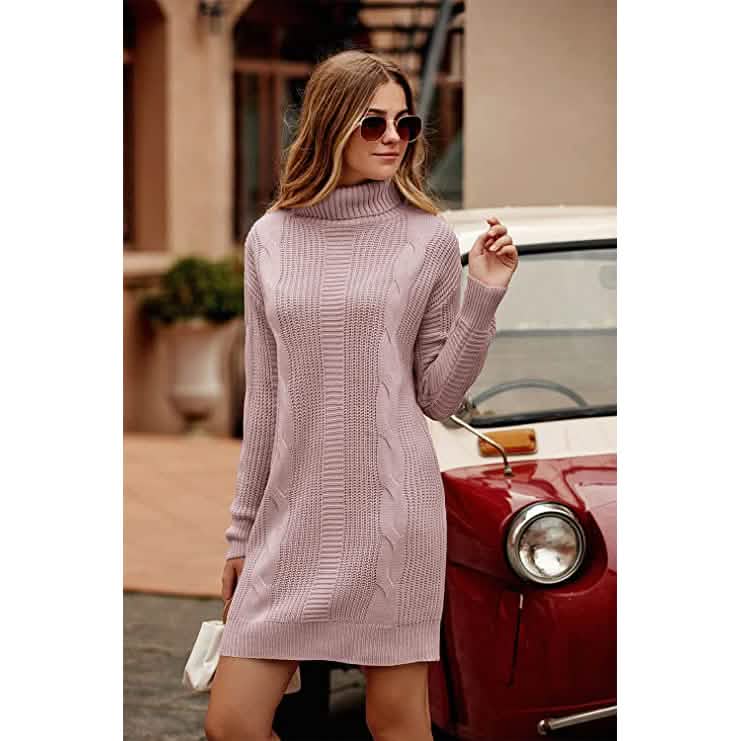 Turtleneck Pullover Sweaters Casual Long Sleeve Plain Winter Knit Sweater Dress DailySale