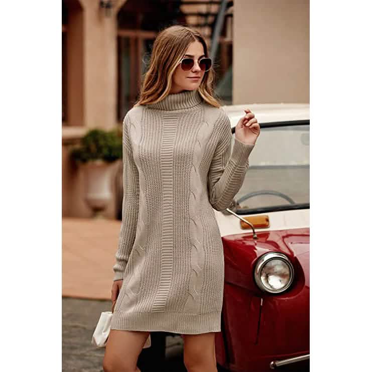 Turtleneck Pullover Sweaters Casual Long Sleeve Plain Winter Knit Sweater Dress DailySale