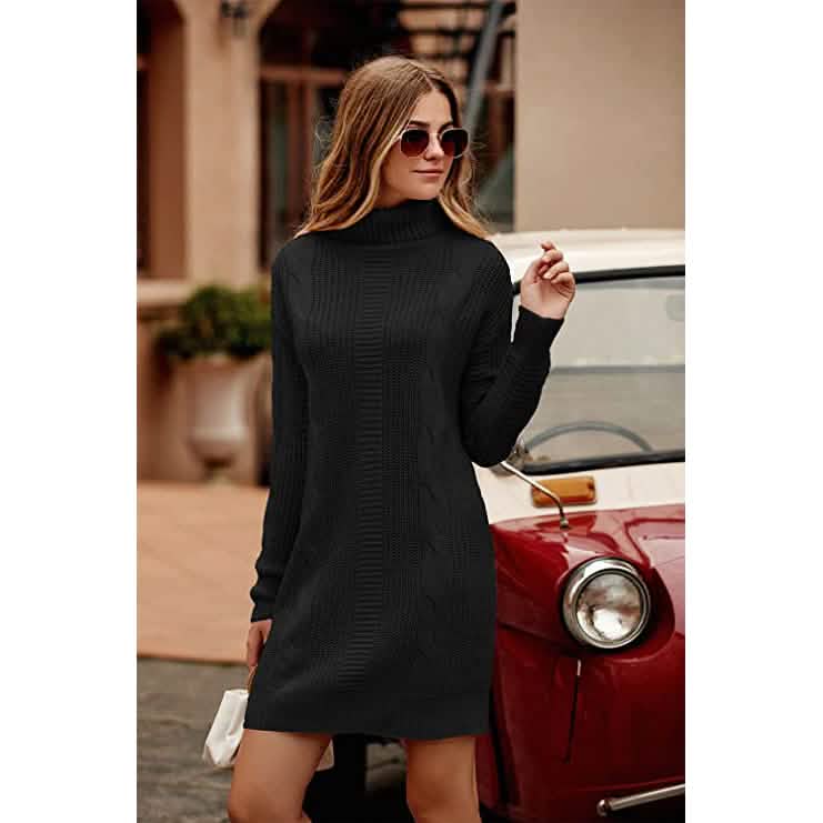 Turtleneck Pullover Sweaters Casual Long Sleeve Plain Winter Knit Sweater Dress DailySale