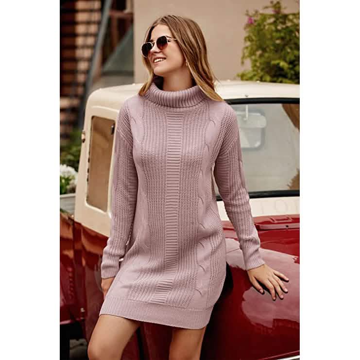 Turtleneck Pullover Sweaters Casual Long Sleeve Plain Winter Knit Sweater Dress DailySale