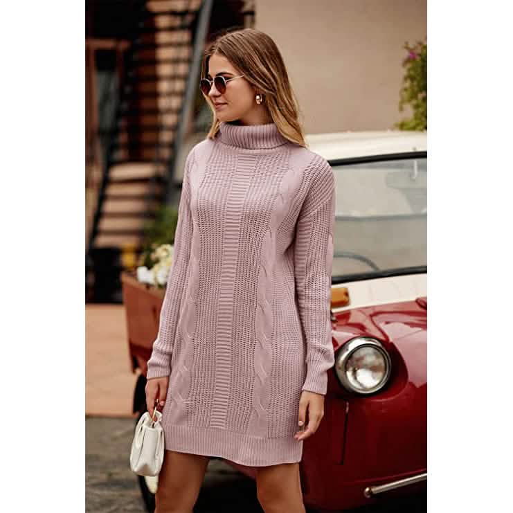 Turtleneck Pullover Sweaters Casual Long Sleeve Plain Winter Knit Sweater Dress DailySale