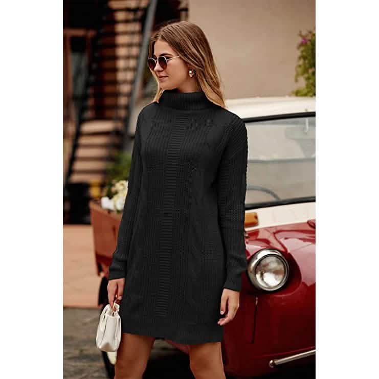 Turtleneck Pullover Sweaters Casual Long Sleeve Plain Winter Knit Sweater Dress DailySale