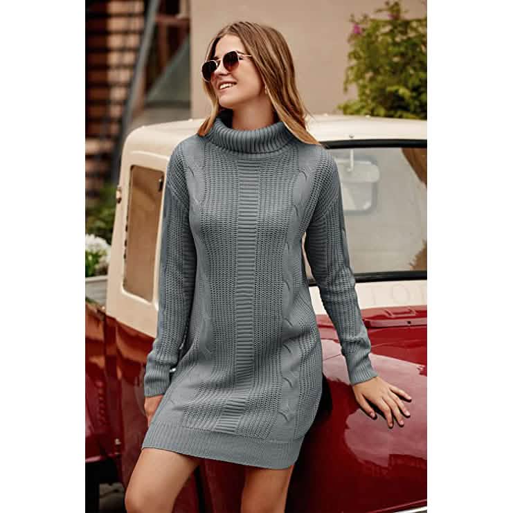 Turtleneck Pullover Sweaters Casual Long Sleeve Plain Winter Knit Sweater Dress DailySale