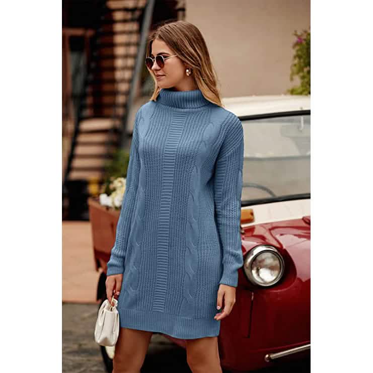 Turtleneck Pullover Sweaters Casual Long Sleeve Plain Winter Knit Sweater Dress DailySale