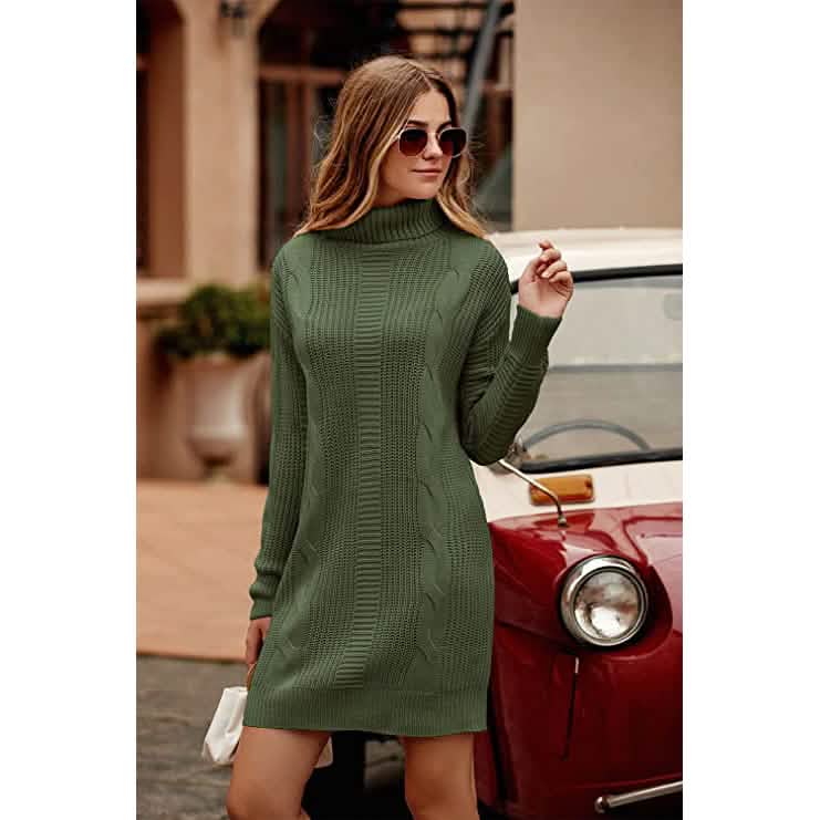 Turtleneck Pullover Sweaters Casual Long Sleeve Plain Winter Knit Sweater Dress DailySale