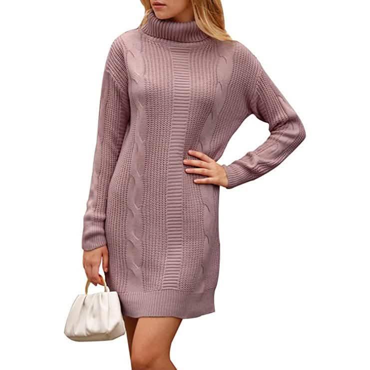 Turtleneck Pullover Sweaters Casual Long Sleeve Plain Winter Knit Sweater Dress DailySale