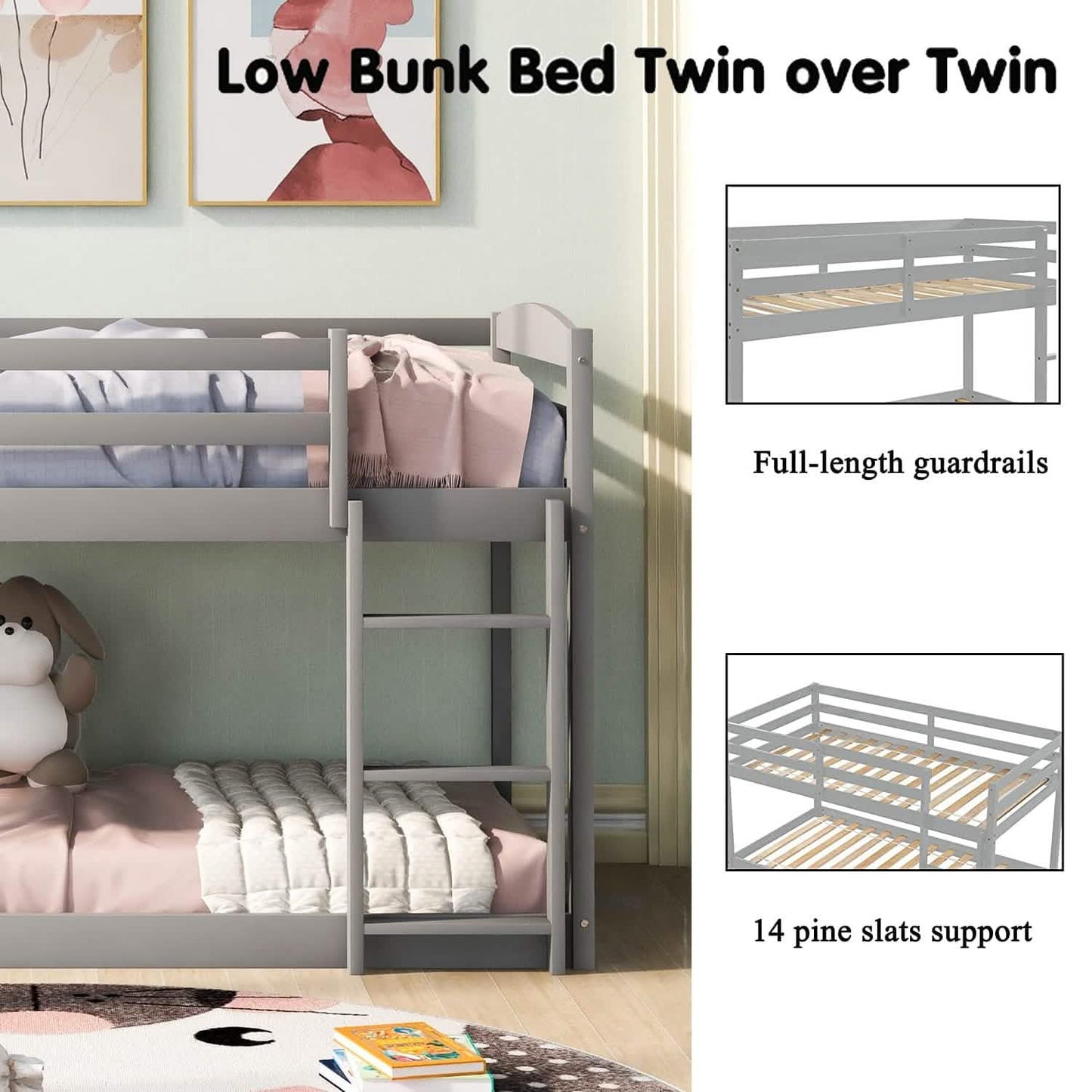 Twin Over Twin Floor Bunk Bed with Ladder DailySale