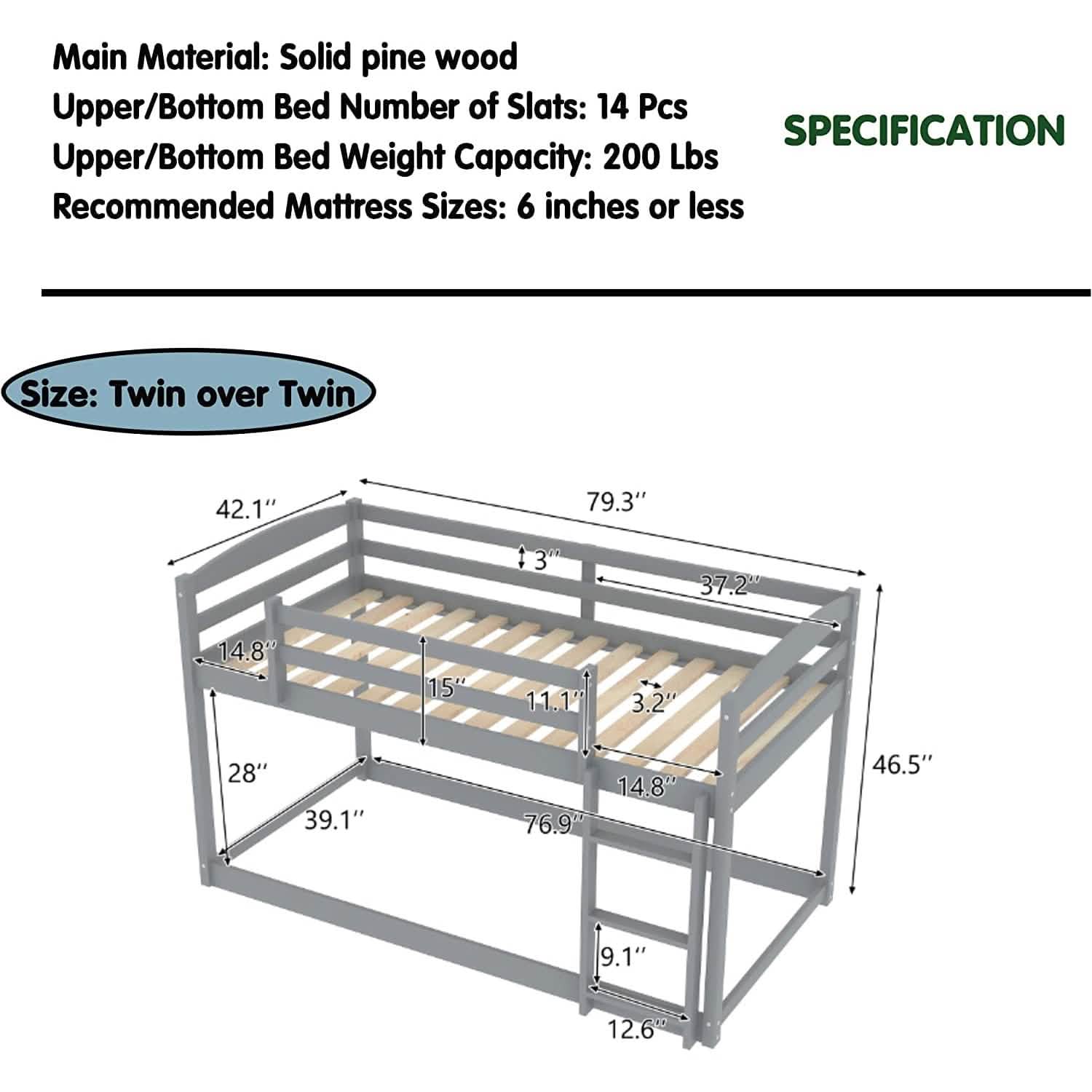 Twin Over Twin Floor Bunk Bed with Ladder DailySale