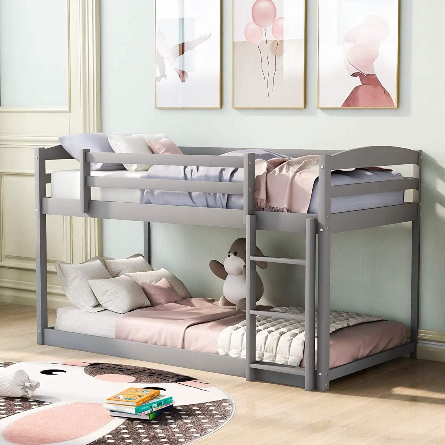 Twin Over Twin Floor Bunk Bed with Ladder DailySale
