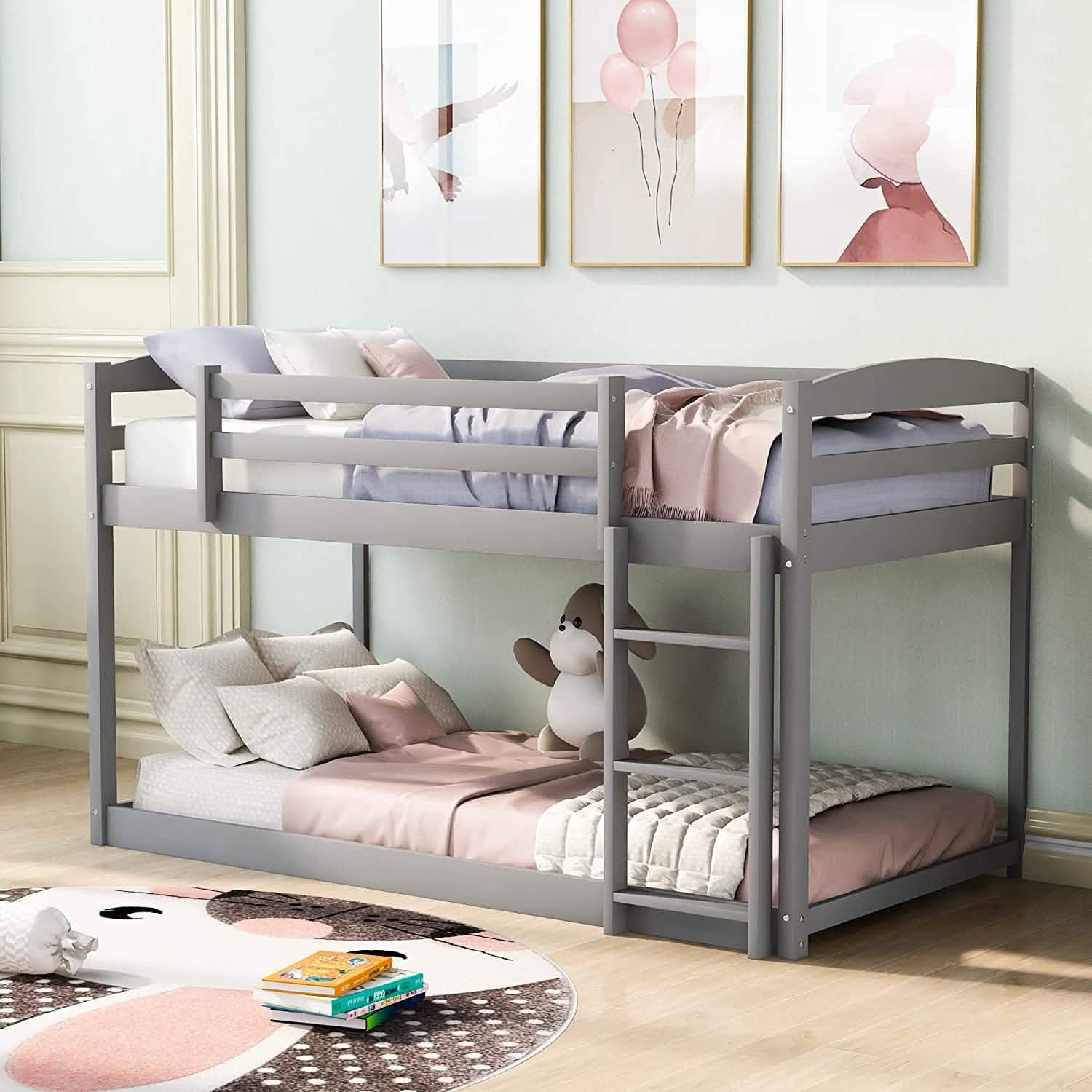 Twin Over Twin Floor Bunk Bed with Ladder DailySale