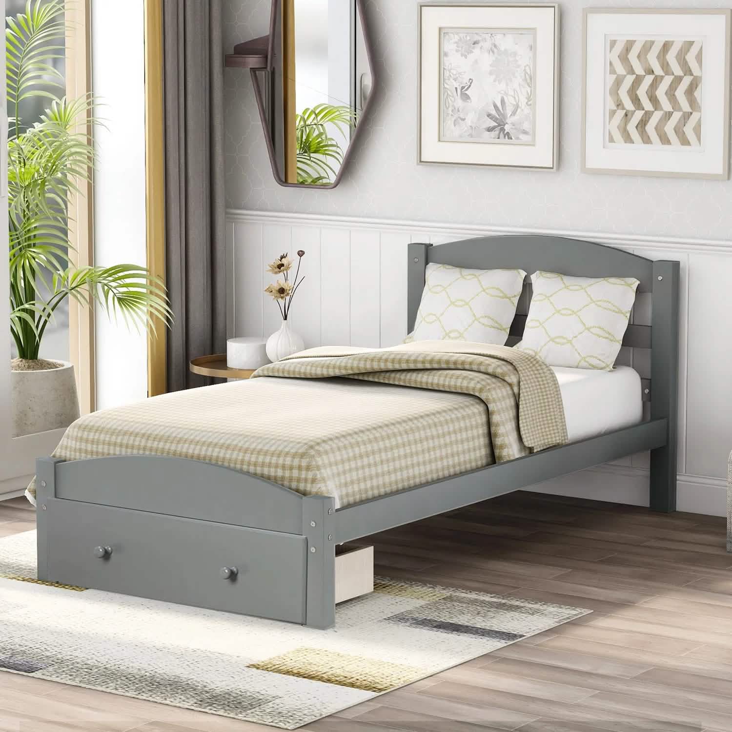 Twin Platform Bed Frame with Storage Drawer Headboard DailySale