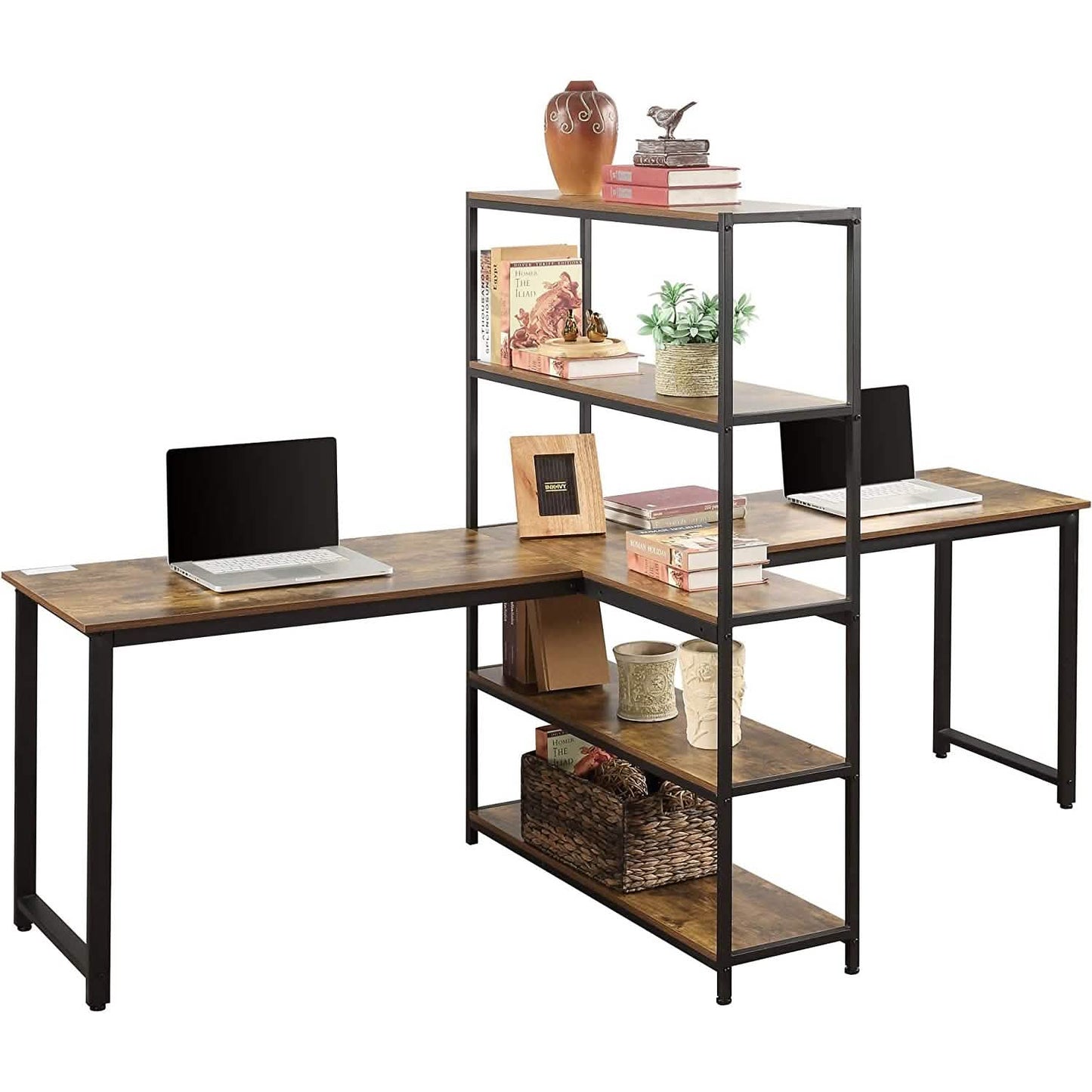 Two Person Computer Desk with Bookshelf Wood and Metal DailySale