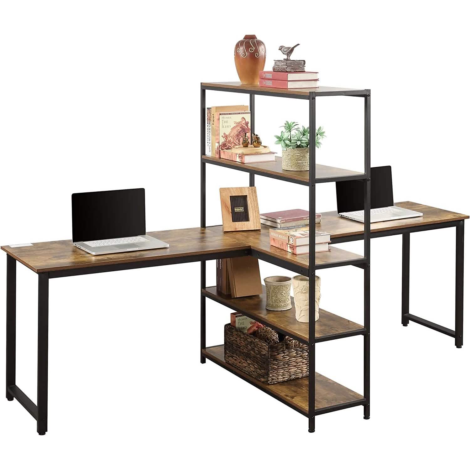 Two Person Computer Desk with Bookshelf Wood and Metal DailySale