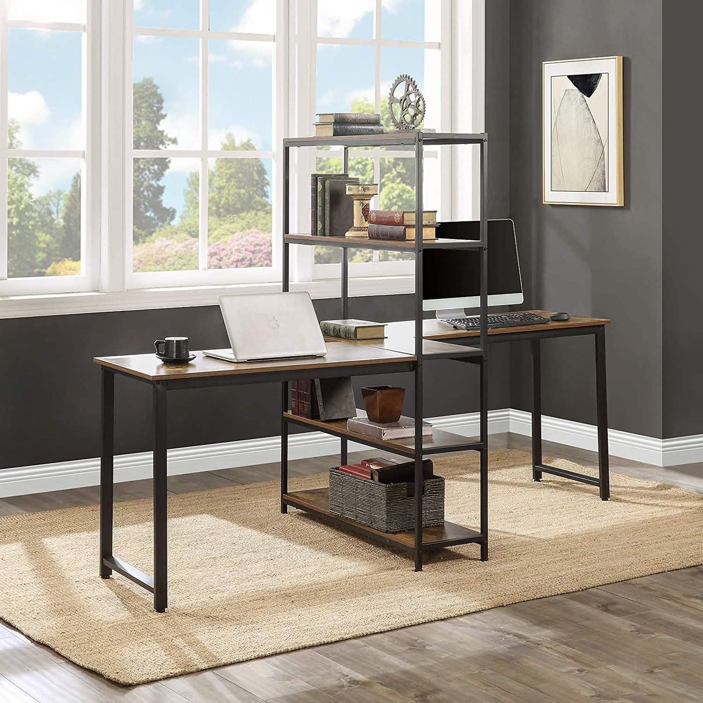 Two Person Computer Desk with Bookshelf Wood and Metal DailySale
