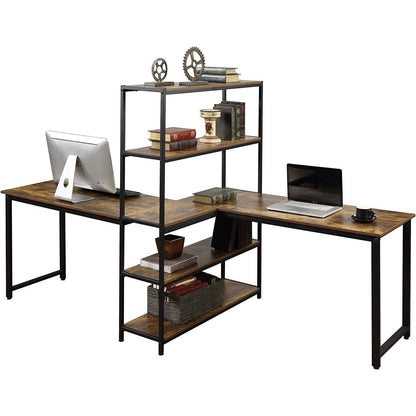 Two Person Computer Desk with Bookshelf Wood and Metal DailySale
