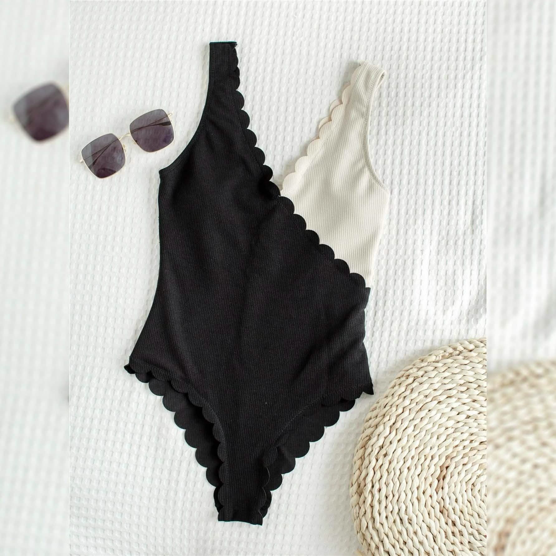Two Tone Scallop Trim One Piece Swimsuit DailySale
