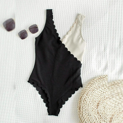 Two Tone Scallop Trim One Piece Swimsuit DailySale