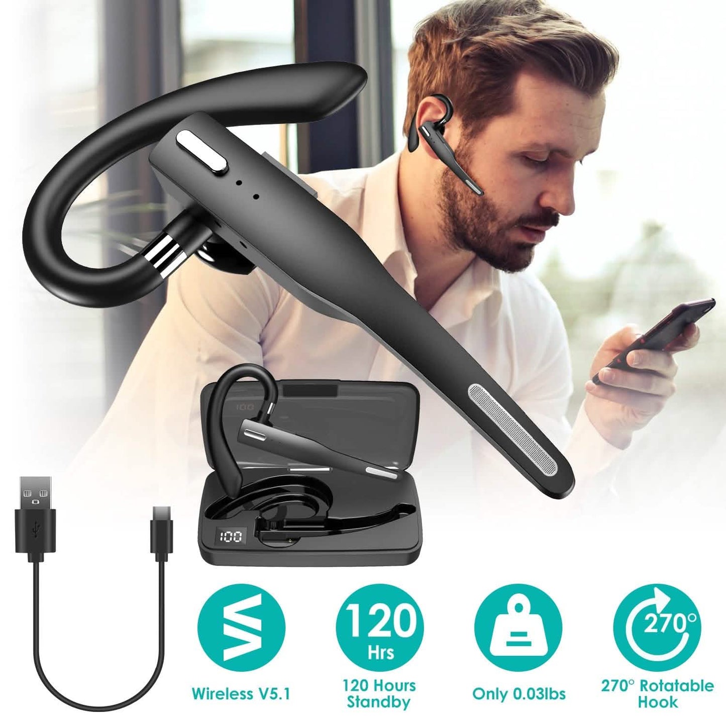 Unilateral Wireless V5.1 Business Earpiece with Charging Case DailySale