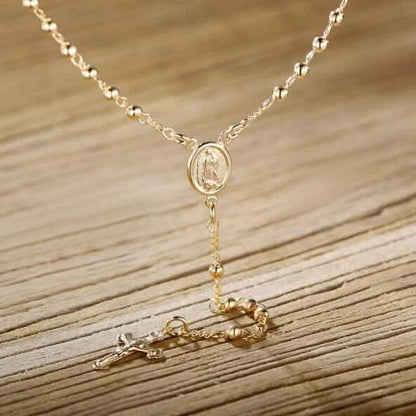 Unisex 14K Gold Virgin Mary Rosary Bead Cross Necklace 18'' DailySale