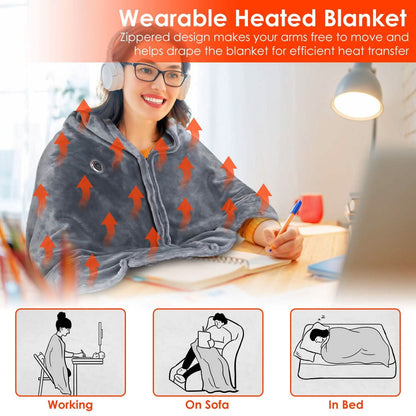 USB Heated Blanket Poncho Shawl Wrap Throw with Zipper Washable DailySale