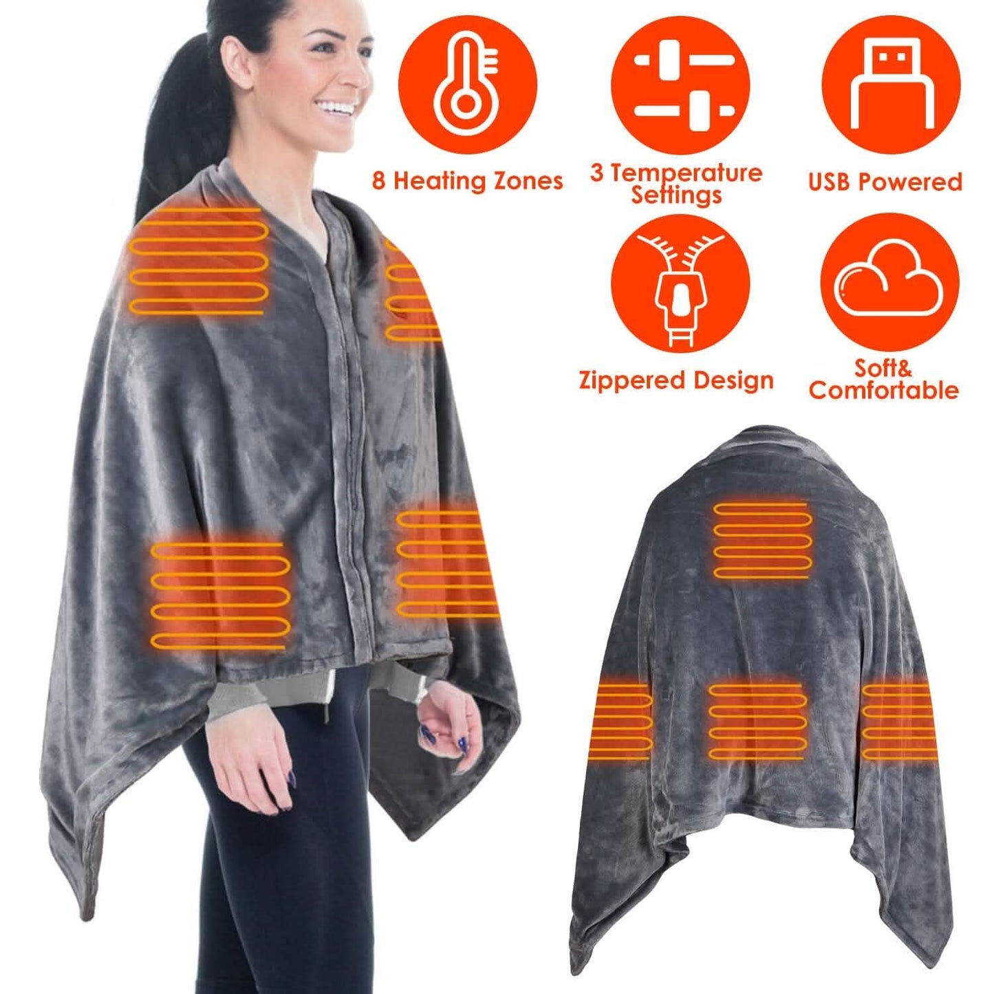 USB Heated Blanket Poncho Shawl Wrap Throw with Zipper Washable DailySale