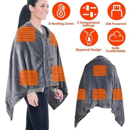 USB Heated Blanket Poncho Shawl Wrap Throw with Zipper Washable DailySale