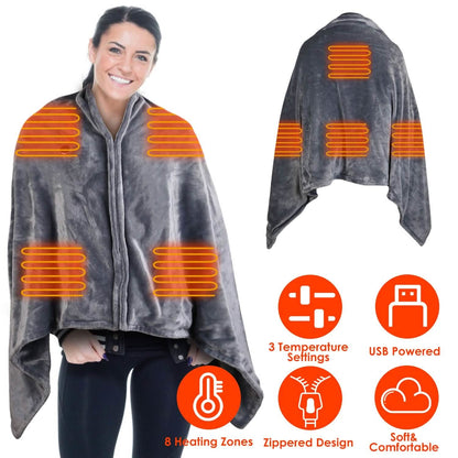 USB Heated Blanket Poncho Shawl Wrap Throw with Zipper Washable DailySale