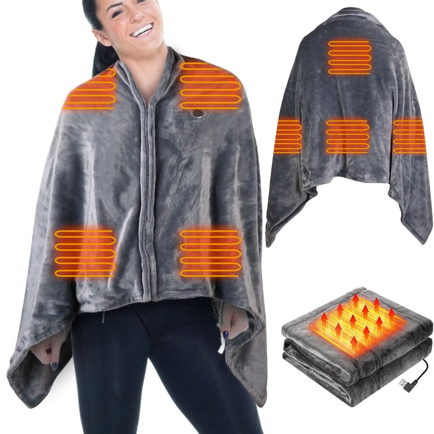 USB Heated Blanket Poncho Shawl Wrap Throw with Zipper Washable DailySale