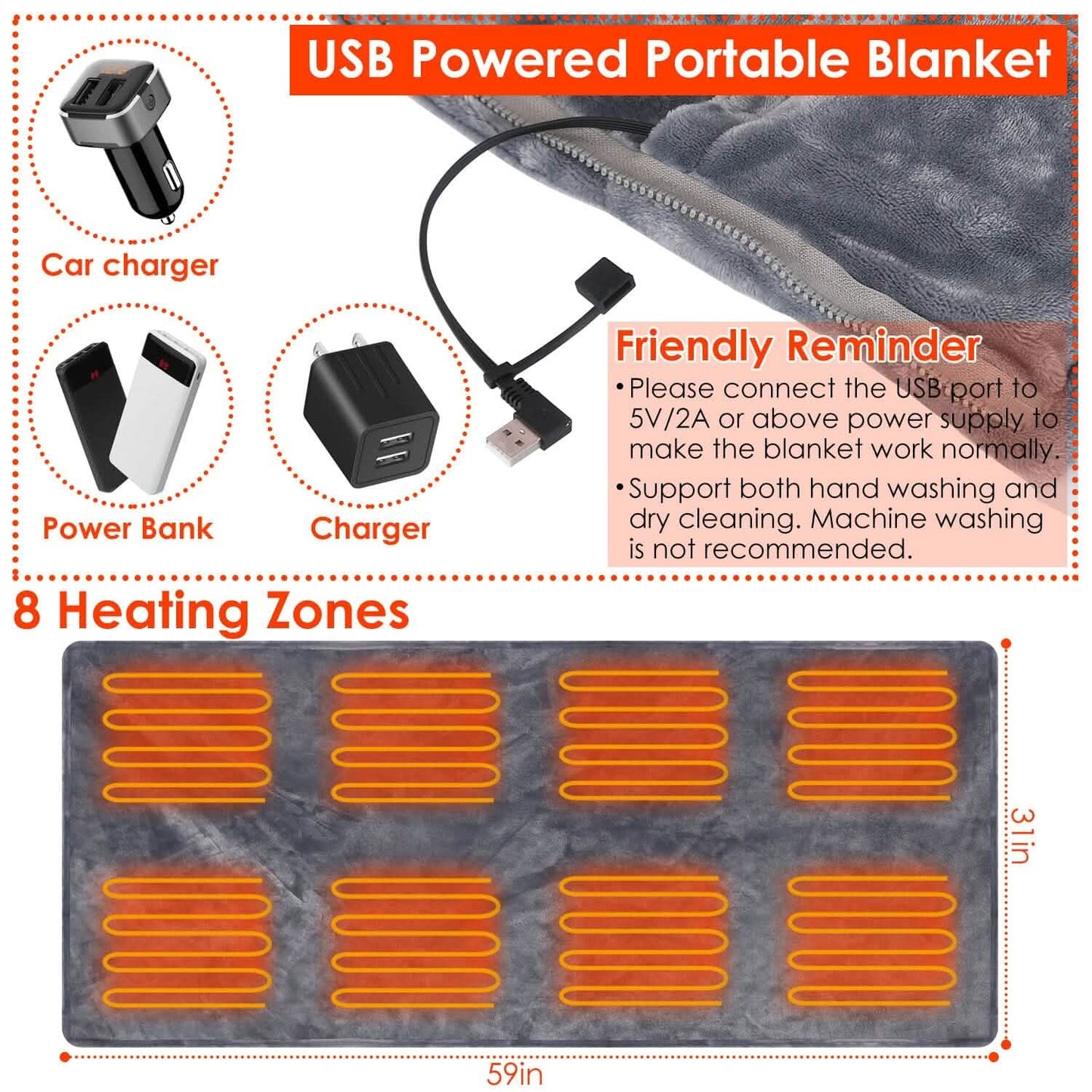 USB Heated Blanket Poncho Shawl Wrap Throw with Zipper Washable DailySale