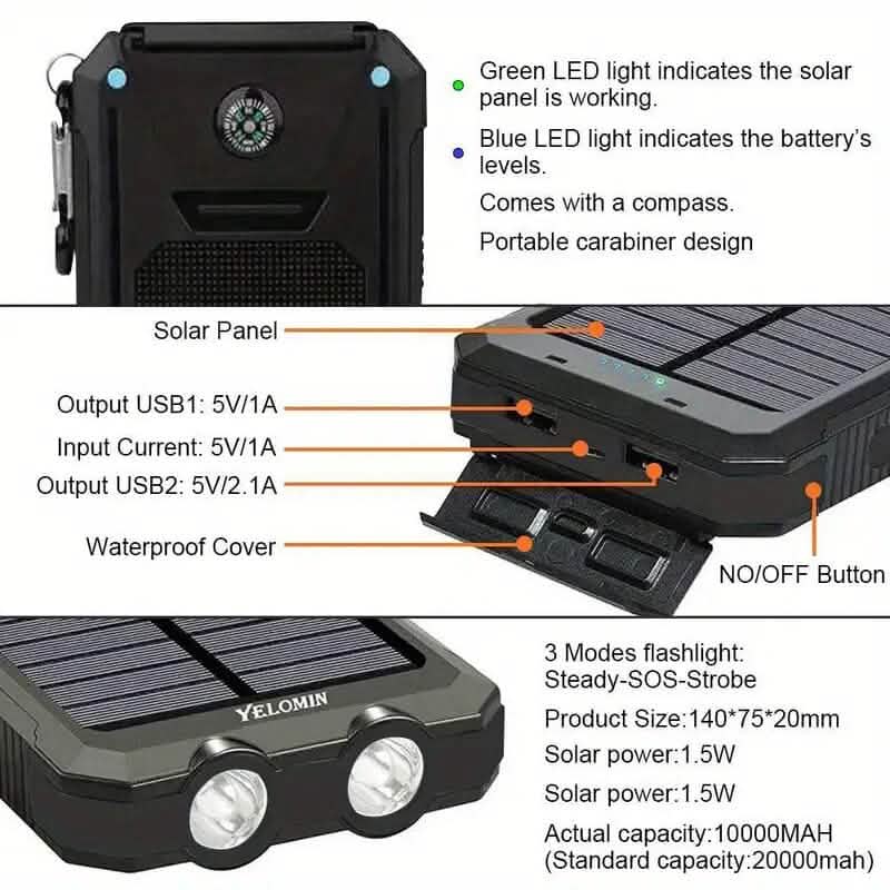 USB Portable Charger 10000mAh Solar Power Bank for Cell Phone and Laptops DailySale