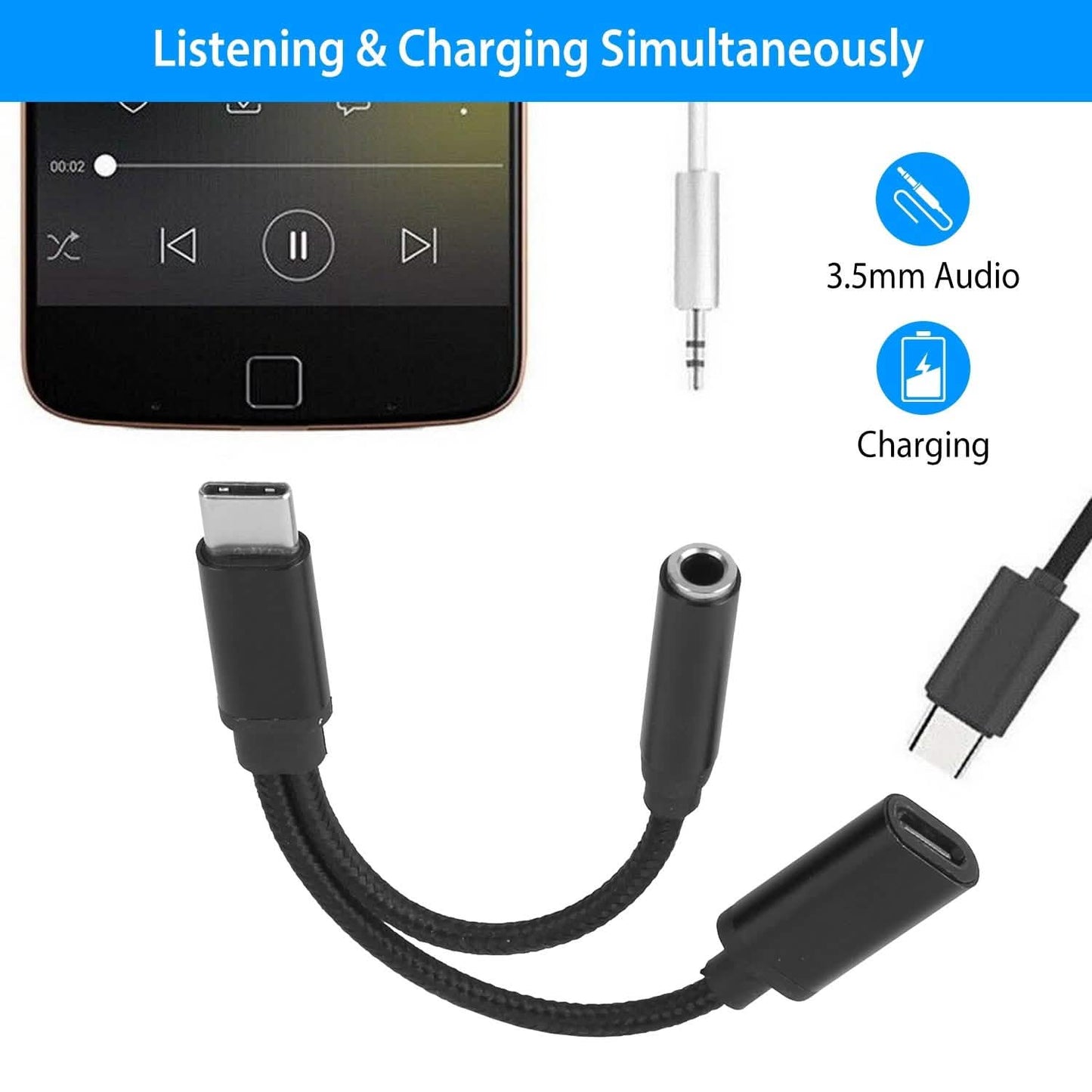 USB Type-C to 3.5mm Aux Audio Charging Adapter Braided Headphone Jack Splitter Cable DailySale