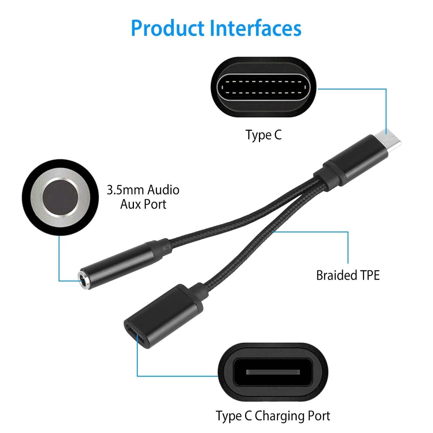 USB Type-C to 3.5mm Aux Audio Charging Adapter Braided Headphone Jack Splitter Cable DailySale