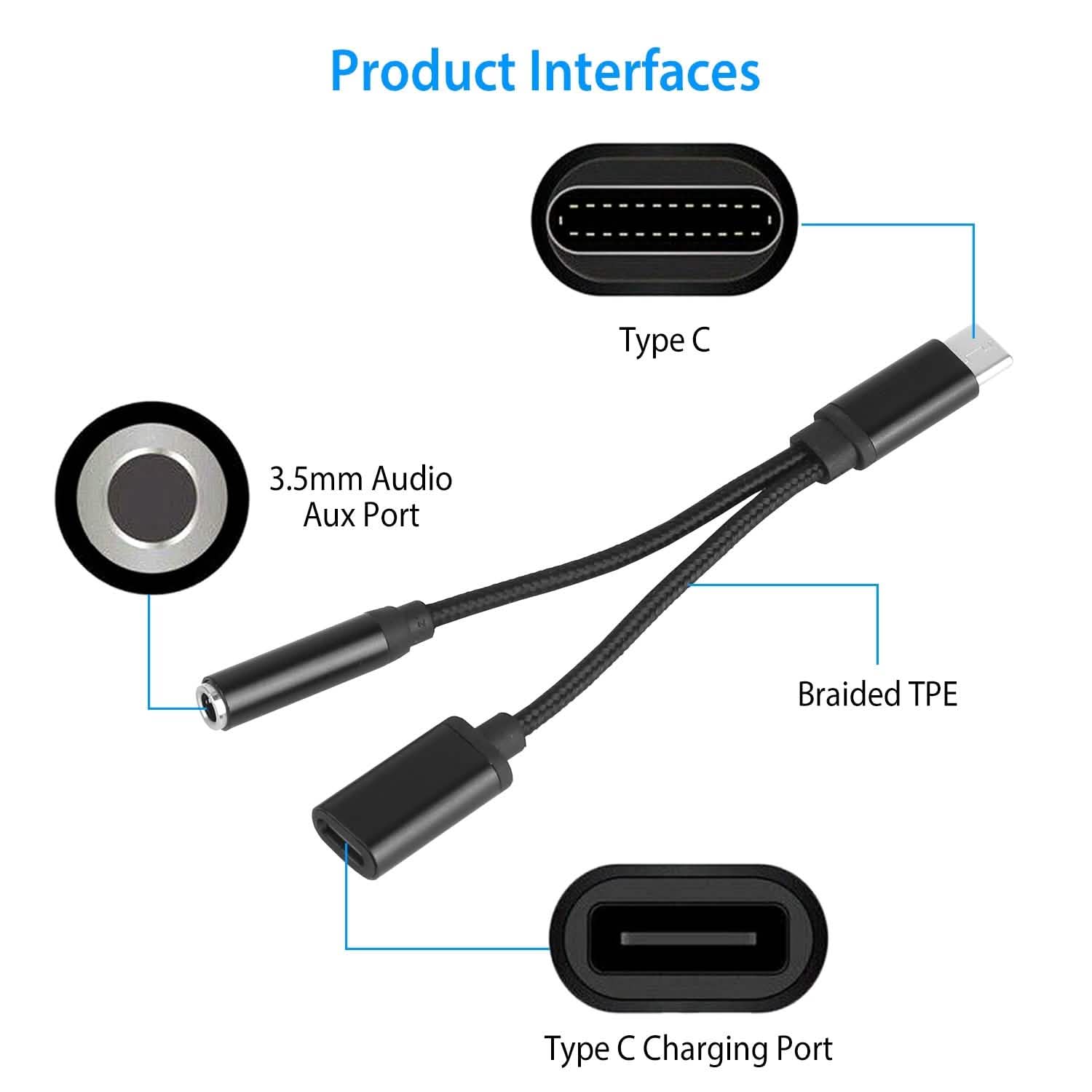 USB Type-C to 3.5mm Aux Audio Charging Adapter Braided Headphone Jack Splitter Cable DailySale