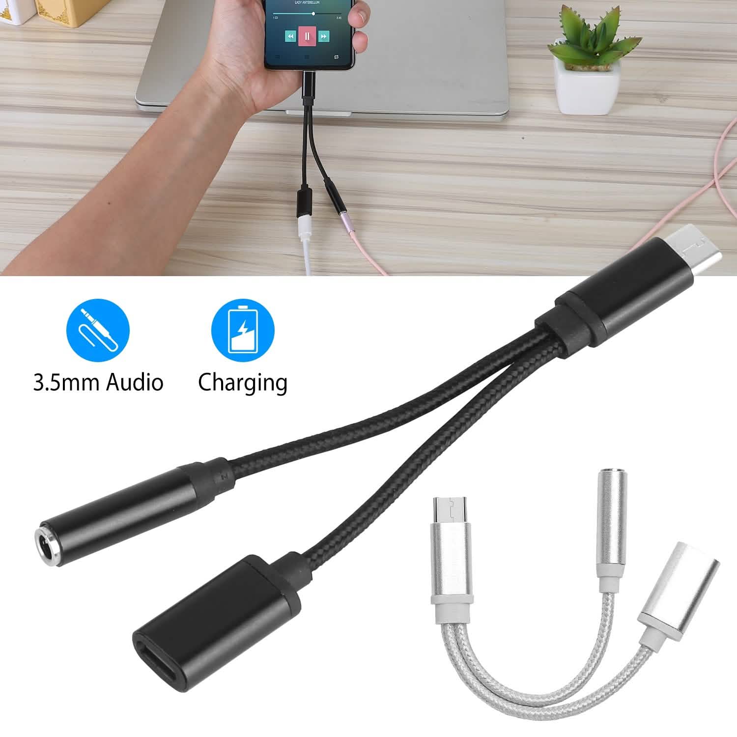 USB Type-C to 3.5mm Aux Audio Charging Adapter Braided Headphone Jack Splitter Cable DailySale