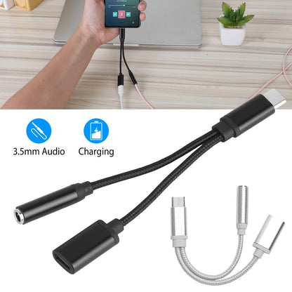 USB Type-C to 3.5mm Aux Audio Charging Adapter Braided Headphone Jack Splitter Cable DailySale
