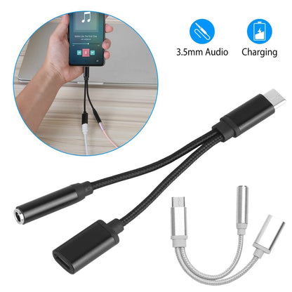 USB Type-C to 3.5mm Aux Audio Charging Adapter Braided Headphone Jack Splitter Cable DailySale