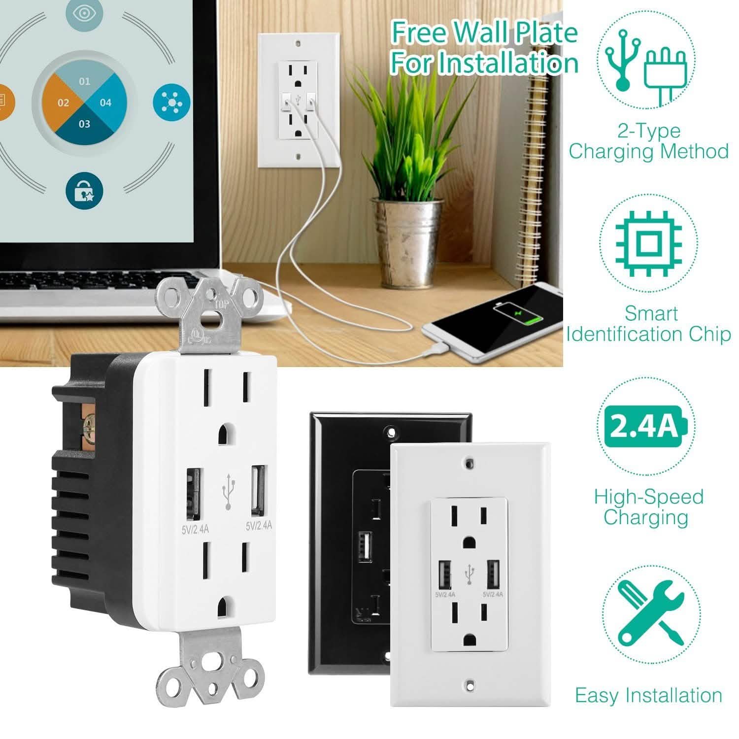 USB Wall Outlet Dual 2.4A USB Wall Charger DailySale