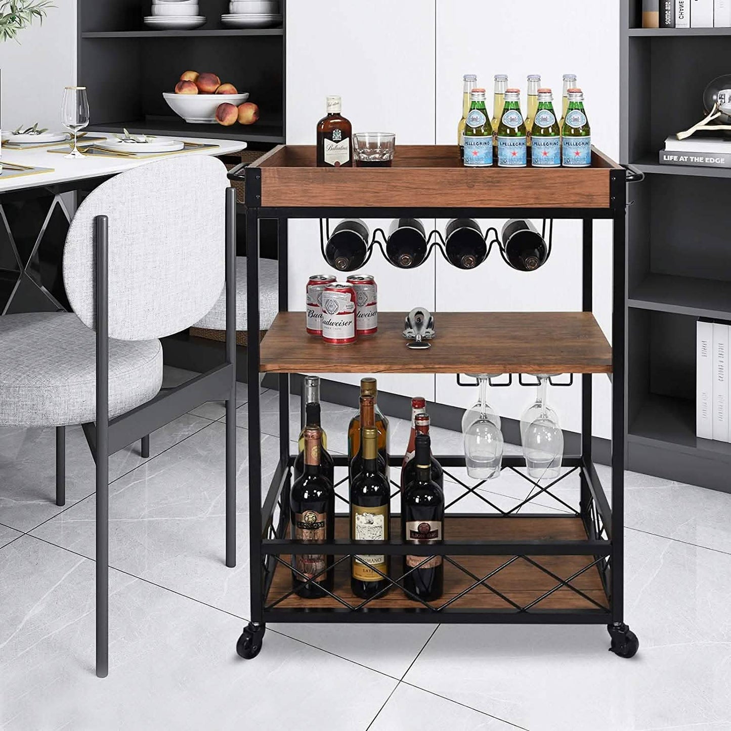 Usinso Industrial Rolling Bar Cart with 3 Tier Storage Shelves DailySale