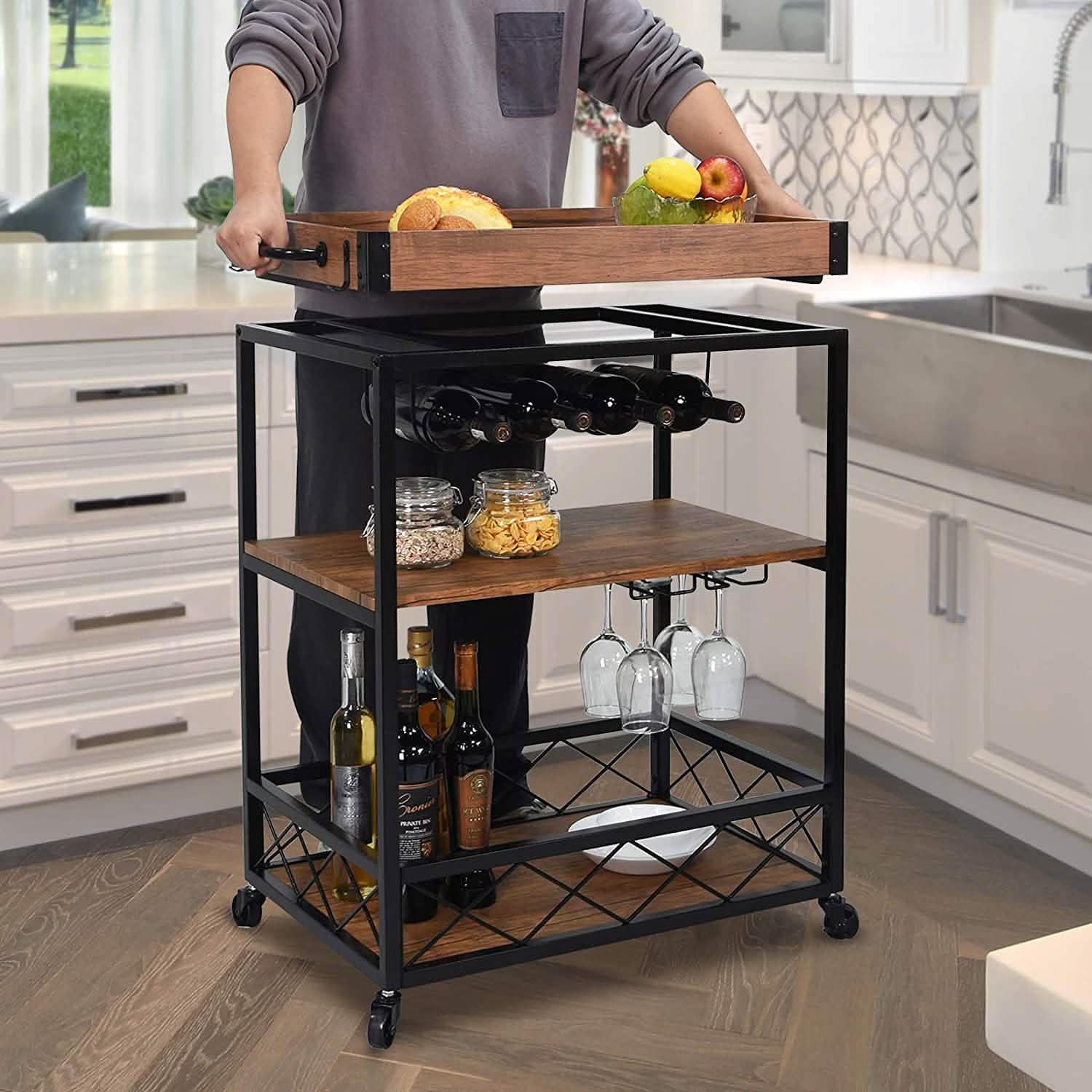 Usinso Industrial Rolling Bar Cart with 3 Tier Storage Shelves DailySale