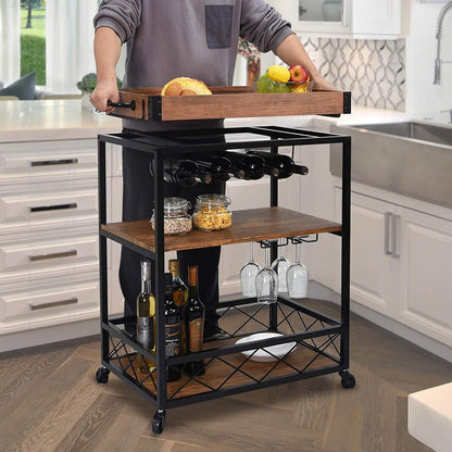 Usinso Industrial Rolling Bar Cart with 3 Tier Storage Shelves DailySale