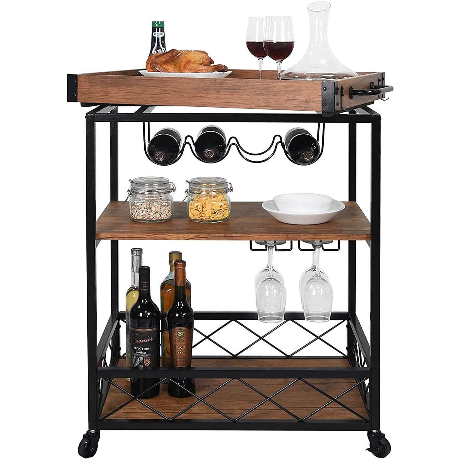 Usinso Industrial Rolling Bar Cart with 3 Tier Storage Shelves DailySale