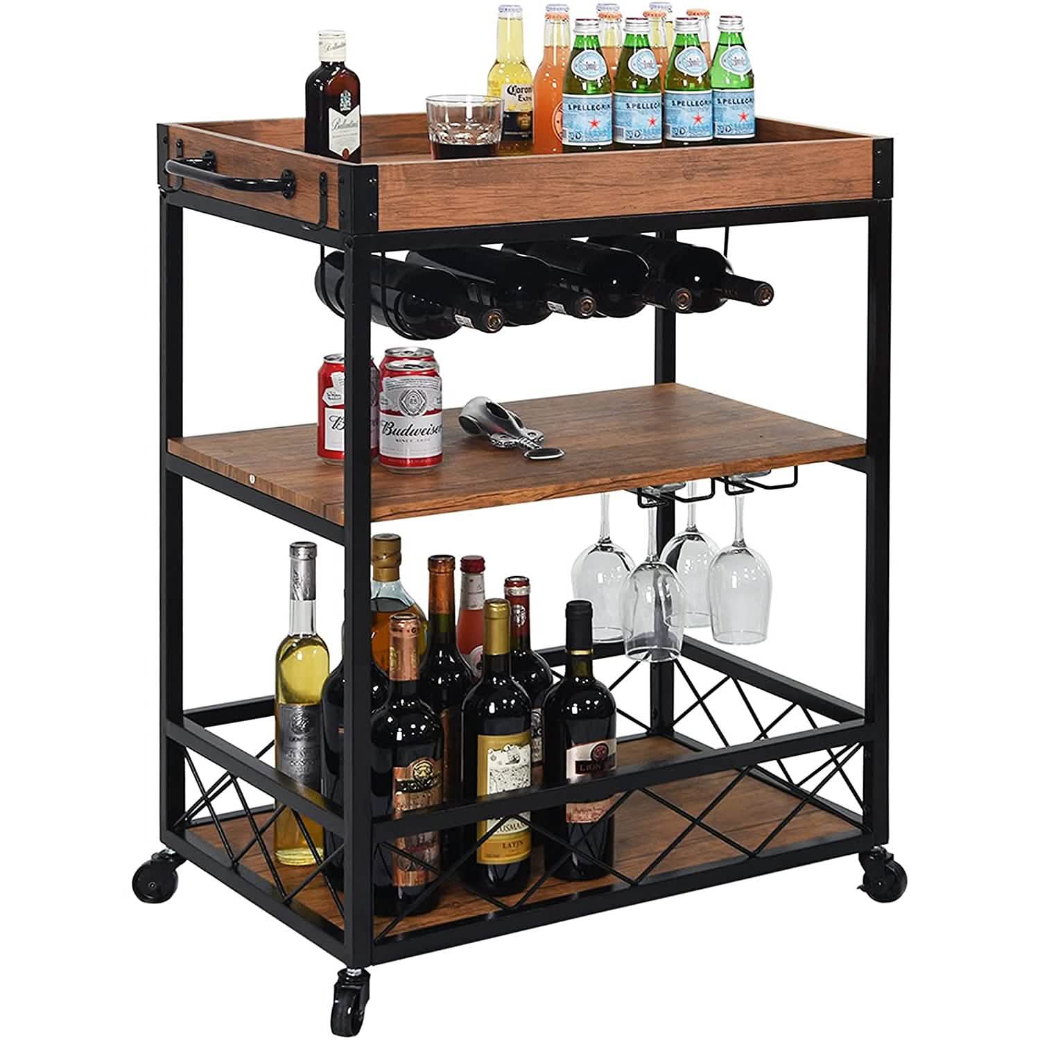 Usinso Industrial Rolling Bar Cart with 3 Tier Storage Shelves DailySale
