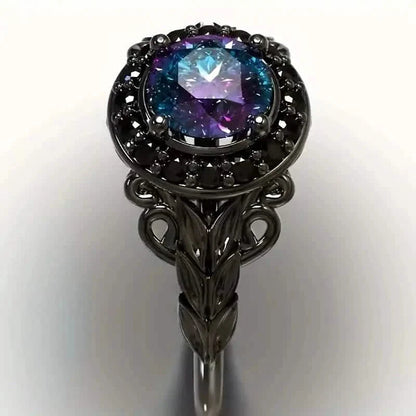 Vintage Gothic Style Synthetic Rainbow Stone Ring with Imitation Black Zirconia DailySale