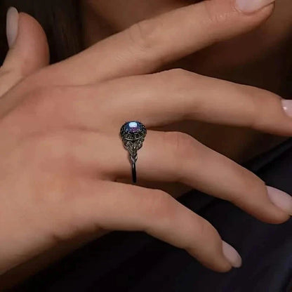 Vintage Gothic Style Synthetic Rainbow Stone Ring with Imitation Black Zirconia DailySale