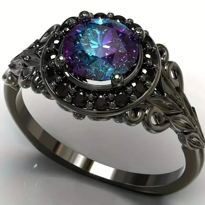 Vintage Gothic Style Synthetic Rainbow Stone Ring with Imitation Black Zirconia DailySale