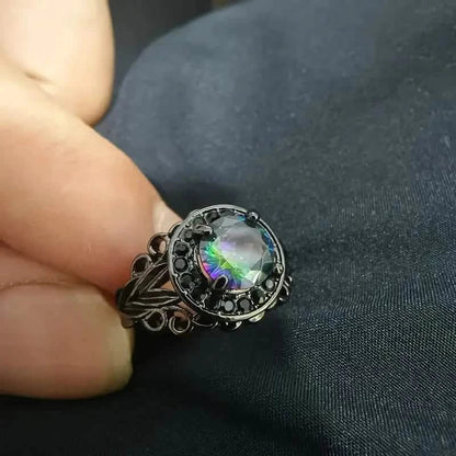 Vintage Gothic Style Synthetic Rainbow Stone Ring with Imitation Black Zirconia DailySale